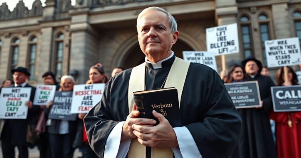 Tradycyjny kapłan w szatach kościelnych protestuje przed kanadyjskim parlamentem przeciwko ustawie C-9