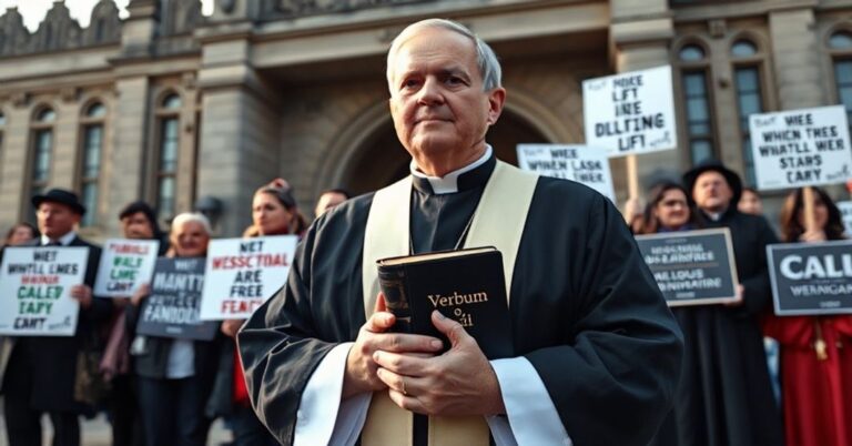 Tradycyjny kapłan w szatach kościelnych protestuje przed kanadyjskim parlamentem przeciwko ustawie C-9