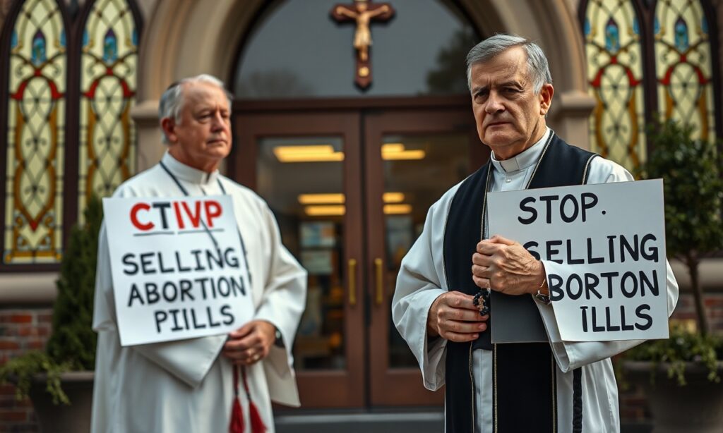 Kapłan katolicki modli się przed apteką CVS z transparentem protestującym przeciwko sprzedaży tabletek aborcyjnych.