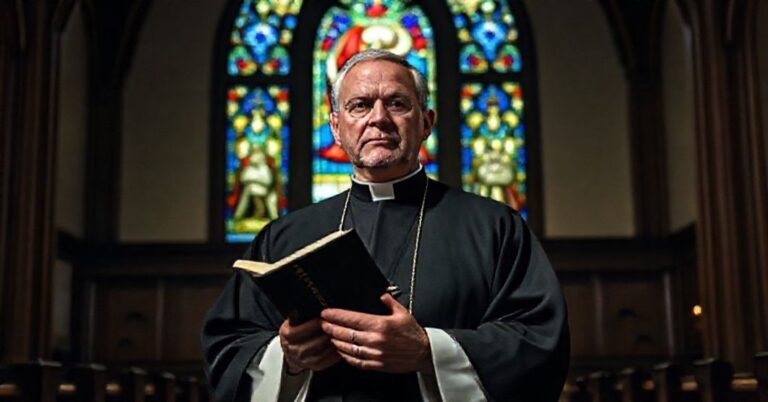 Kapłan w tradycyjnym koście trzyma Bibilie, wyrażając opozycję wobec ideologii gender i sądu Najwyższego Minnesoty