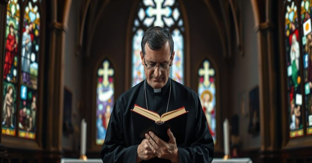 Zasmucený tradycyjny katolicki kapłan w ciemnym sutannie przestaje przed ołtarzem w gotyckim kościele z witrażami.