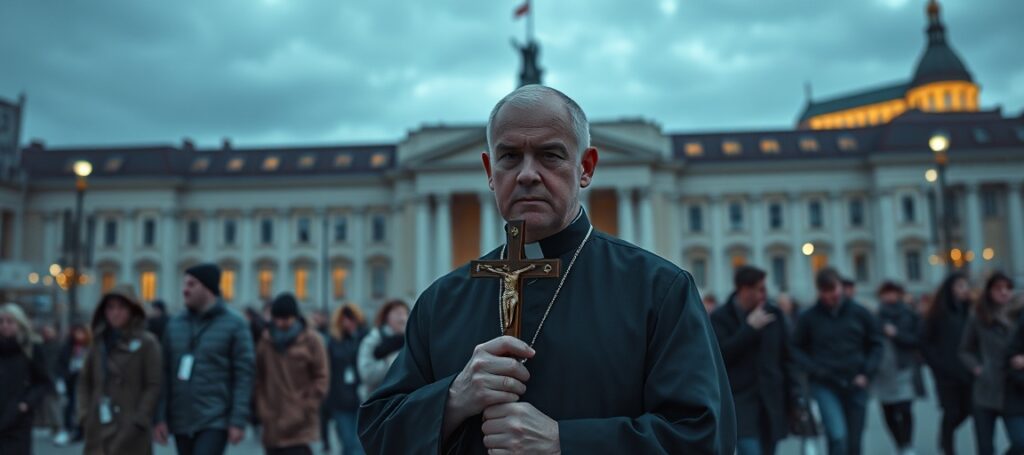 Kapłan w tradycyjnym stroju katolickim stoi przed ratuszem w Warszawie z krucyfiksem w dłoni, podczas gdy tłum ignoruje go – ilustracja moralnego upadku społeczeństwa i milczenia hierarchów kościelnych wobec profanacji ciał i korupcji szpitalnej w aferze Trzaskowskiego.