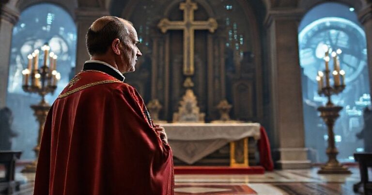 Tradycyjny katolicki kapłan w ornacie przed ołtarzem z krzyżem w ręku, patrzący na dystopijny technologiczny krajobraz symbolizujący transhumanizm.