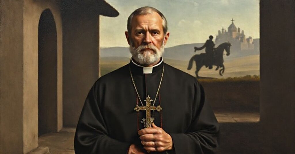 Prawdziwy kapłan stojący przed kaplicą w tradycyjnych szatach z krzyżem w ręku, z daleka widoczny biały koń Proton symbolizujący apostazję. Tło jest mroczne i ponure.