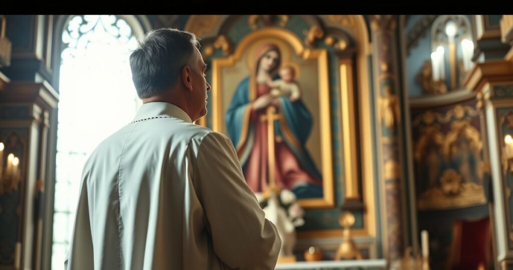 Kapłan w tradycyjnych szatach przed ikoną Matki Bożej, symbol wiary i modlitwy w katolickim kontekście