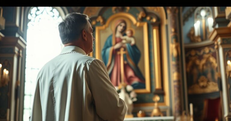 Kapłan w tradycyjnych szatach przed ikoną Matki Bożej, symbol wiary i modlitwy w katolickim kontekście
