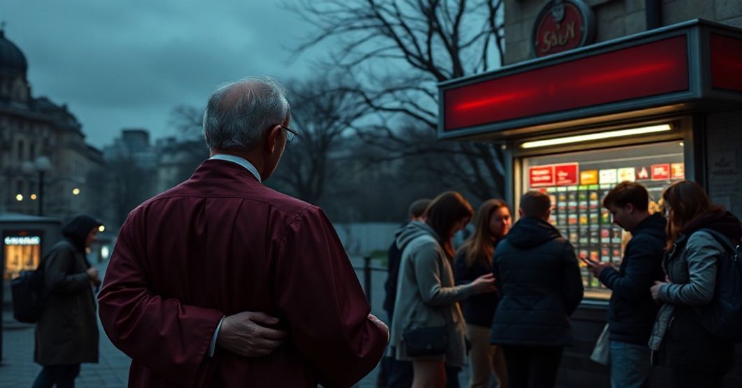 Kapłan w tradycyjnych szatach kościłskich stojący przed grupą młodych ludzi przy kasynie bukmacherskim, symbolizujący upadek moralny i materializm w współczesnej Polsce