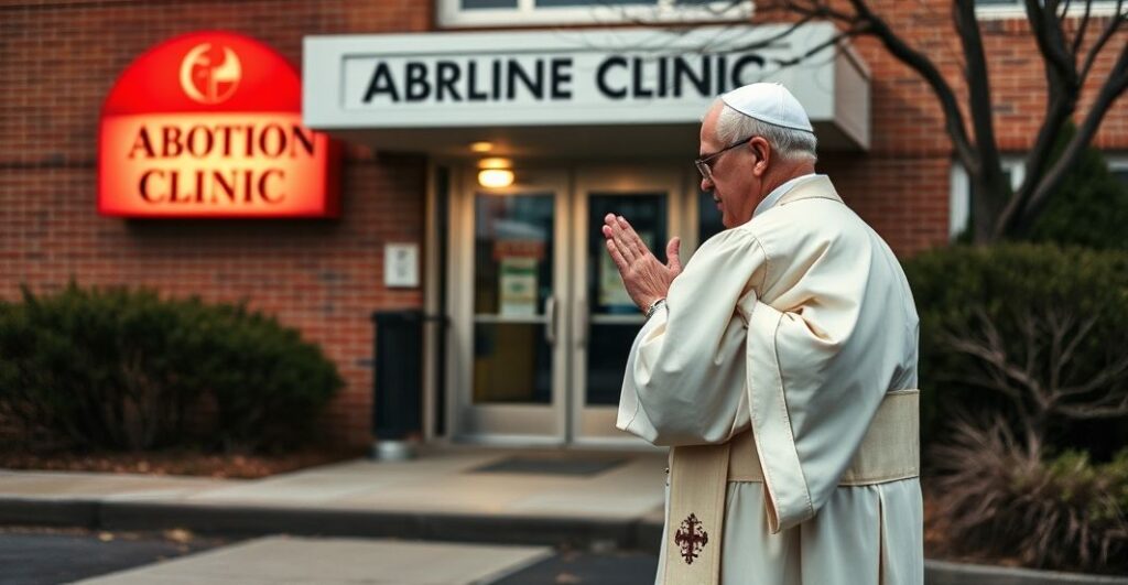 Kapłan katolicki modlący się przed kliniką aborcyjną, wyraz głębokiej czci i obrony życia nienarodzonych, realistyczny i pełen szacunku obraz