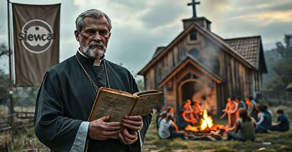 Kapłan w tradycyjnym ornacie stoi przed wiejską kościołem, trzymając kopię encykliki Quas Primas. W tle widoczne są modernistyczne banery 'Siewcy' i grupa laików obok ogniska.