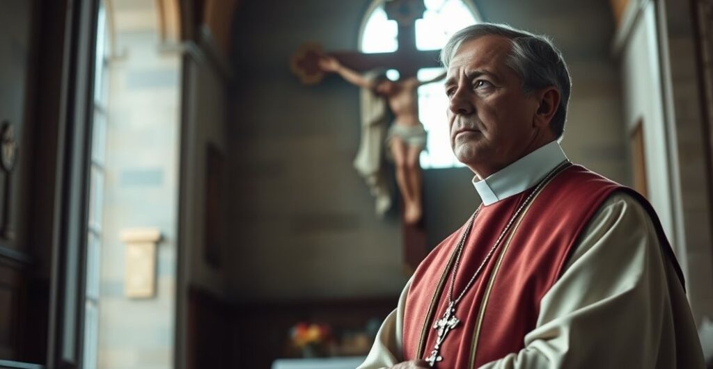 Kapłan w tradycyjnym stroju katolickim przed krucyfiksem, w kościele, w refleksyjnej i poważnej atmosferze, ukazanie głębi wiary i krytyki nowoczesnych zniekształceń religii