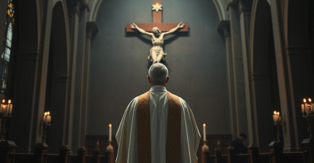 Religijny kapłan w tradycyjnych szatach przed krucyfiksem w kościele, symbolizujący wierność naukom Kościoła w obliczu modernistycznych zagrożeń