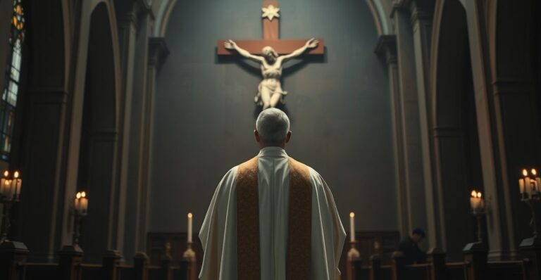 Religijny kapłan w tradycyjnych szatach przed krucyfiksem w kościele, symbolizujący wierność naukom Kościoła w obliczu modernistycznych zagrożeń