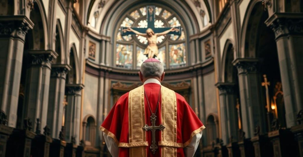 Kapłan katolicki w tradycyjnym stroju przy krucyfiksie, symbolizujący duchowe zmagania i potrzebę powrotu do prawdziwego prawa Chrystusa w kościele