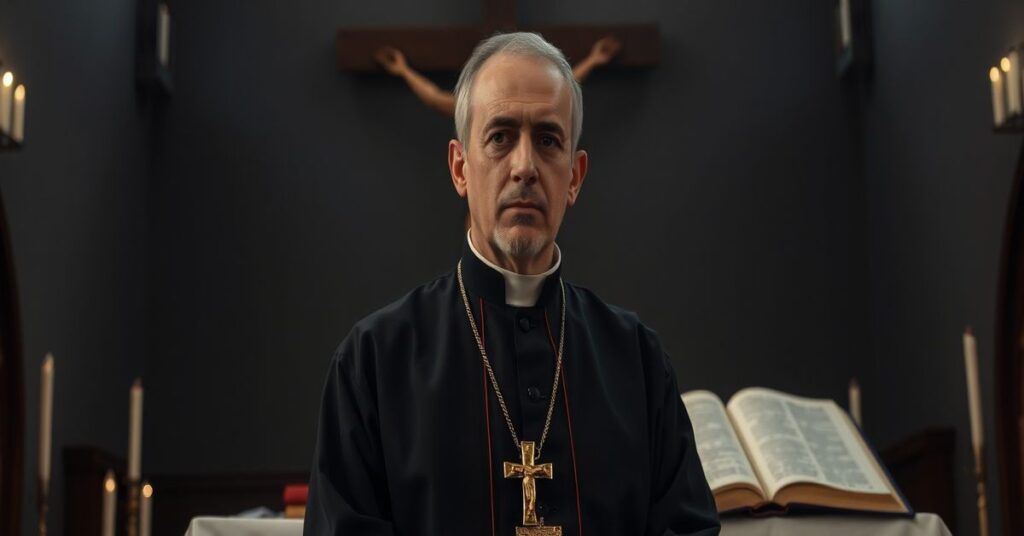 Obraz przedstawiający katolickiego kapłana w tradycyjnych paramencach stojącego przed krzyżem i otwartą Biblią w zaciemnionym wnętrzu kościoła.