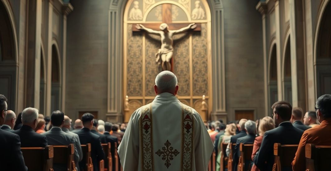 Rewerentny obraz katolickiego kapłana przed krzyżem w kościele, symbolizujący wierność Chrystusowi w obliczu współczesnych sporów politycznych