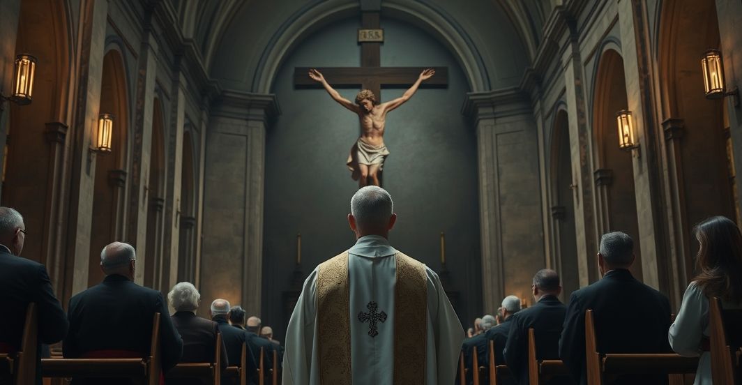 Rewerentny katolicki kapłan przed krucyfiksem w tradycyjnym kościele, symbolizujący wierność naukom Kościoła