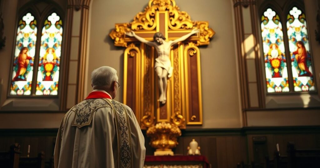 Kapłan katolicki w tradycyjnych szatach przed krucyfiksem w głównym kościele, ukazujący powagę i refleksję religijną