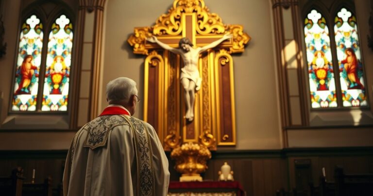 Kapłan katolicki w tradycyjnych szatach przed krucyfiksem w głównym kościele, ukazujący powagę i refleksję religijną
