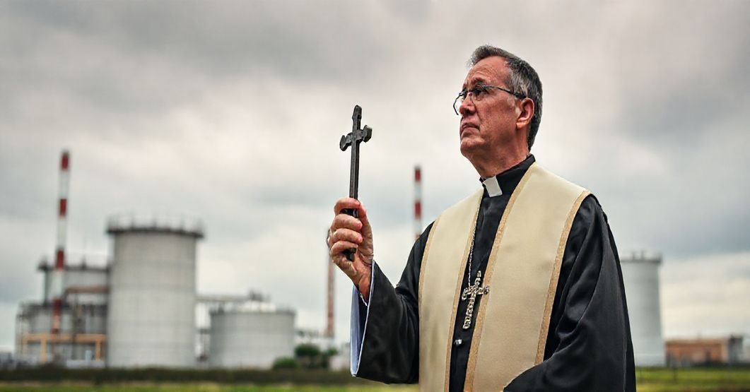 Kapłan w tradycyjnym stroju kościółskim stoi przed magazynem gazu, trzymając krzyż, z troskliwym wzrokiem skierowanym na struktury przemysłowe.