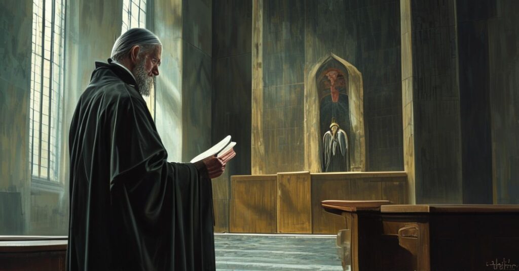 Stary kapłan w tradycyjnym stroju przed nowoczesnym kościołem z obrazem św. Franciszka, trzymając zniszczoną kopię Kodeksu Prawa Kanonicznego z 1917 roku.