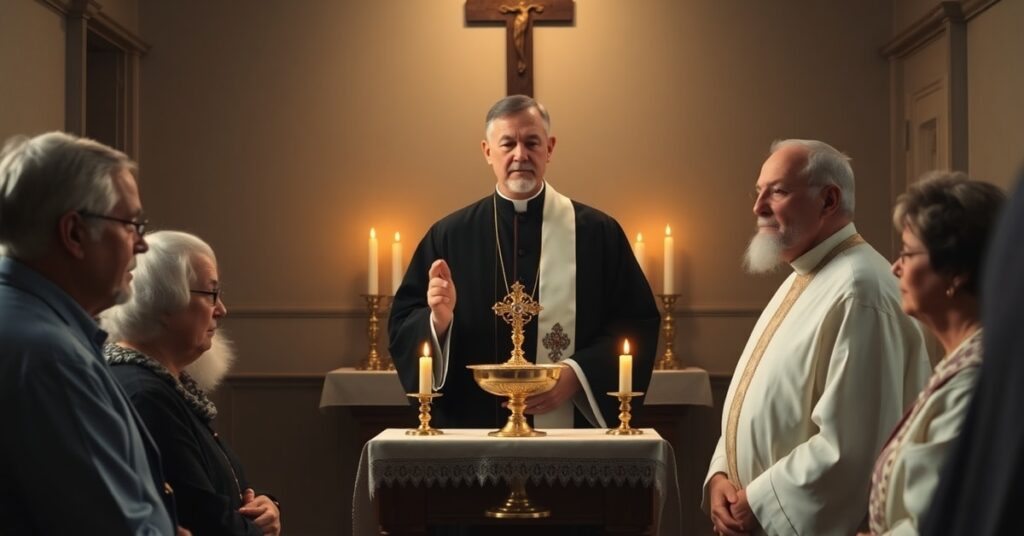 Kapłan w tradycyjnym ornaty stojący przed monstrancją z Najświętszym Sakramentem w ciemnym kościele z poświatą świec. Starzy parafianie modlą się w głębokim skupieniu.