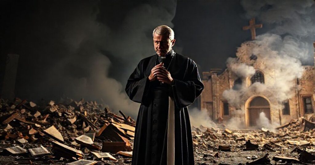 Surowy katolicyzacyjny obraz przedstawiający kapłana w sutannie modlącego się przed zniszczonym kościołem w Gazy z powodu terroryzmu Hamasu.