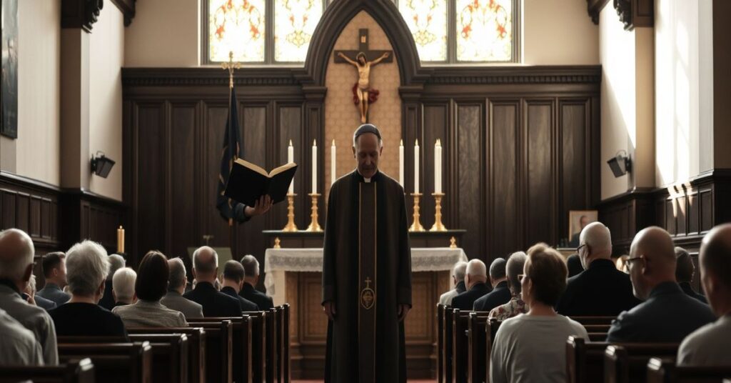 Tradycyjny wnętrze kościoła z kapłanem w sutannie i surpelisie przed ołtarzem z krzyżem i świecami.