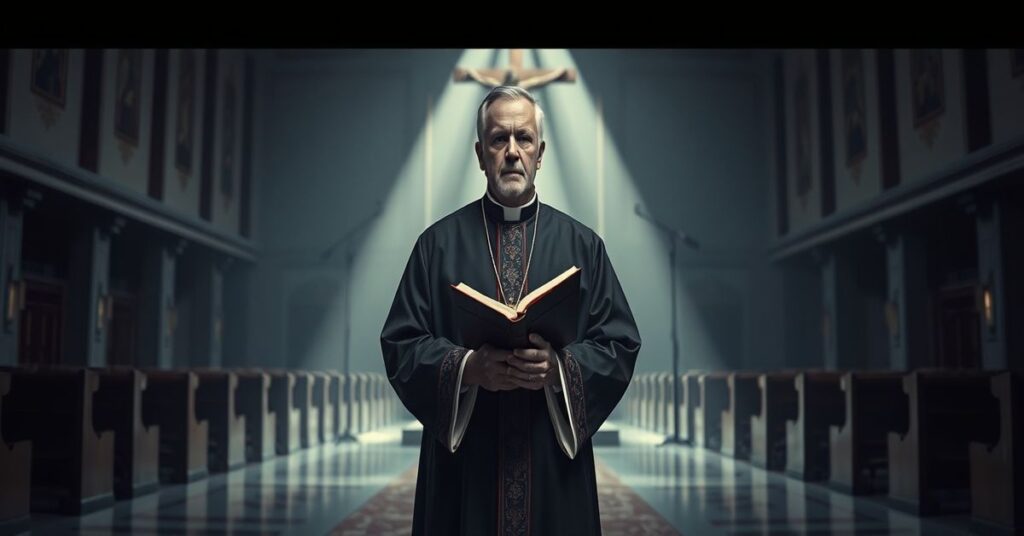Smutny kapłan w tradycyjnym ubraniu stoi przed pustym kościołem, trzymając zamkniętą Biblię. W tle widoczna statua Chrystusa na krzyżu.