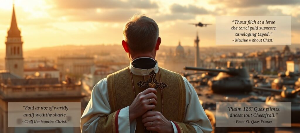 Kapłan katolicki w tradycyjnych szatach liturgicznych stoi przed widokiem europejskiego miasta, trzymając krzyż i patrzący na daleką paradę wojskową.