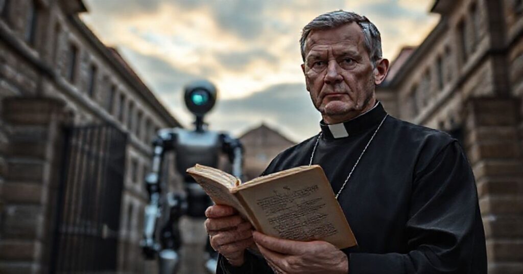 Kapłan w szkarłacie stoi przed bramami Politechniki Częstochowskiej z niepokojem na twarzy, a za nim widnieje humanoidalny robot PoliWall-e.