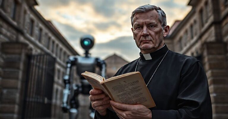 Kapłan w szkarłacie stoi przed bramami Politechniki Częstochowskiej z niepokojem na twarzy, a za nim widnieje humanoidalny robot PoliWall-e.