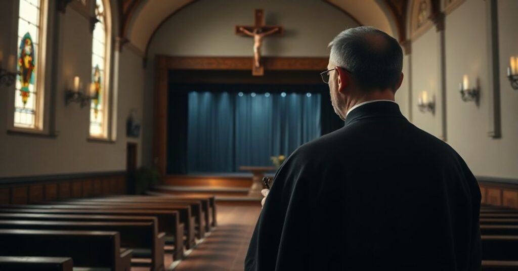 Kapłan w tradycyjnym stroju kapłańskim stoi w cichej kaplicy, trzymażą różaniec i patrząc na pustź scenę teatralną z widocznym tytułem 'Korczak Dzisiaj'. Oświetlenie naturalne przez witraże podkreśla brak prawdy boskiej w nowoczesnym teatrze.