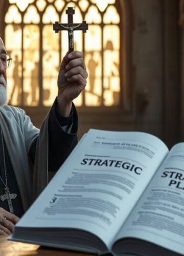 Kapłan modli się przed zniszczonym kościołem Stary kapłan w tradycyjnym habitacie stoi przed zniszczonym kościołem trzymając krzyż w ręku