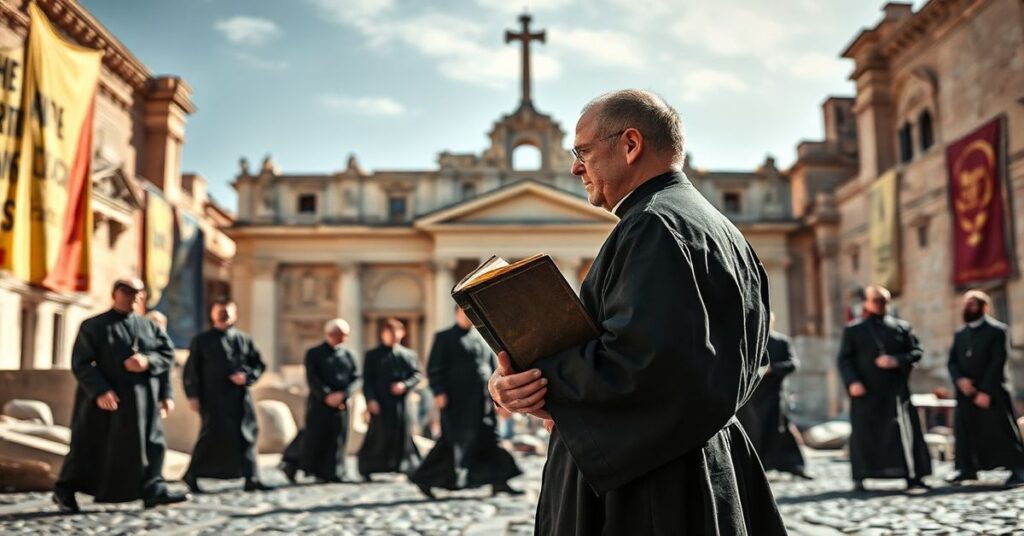 Tradycyjny kapłan w czarnej sutannie stoi przed ruinami Bazyliki Świętego Piotra w Watykanie