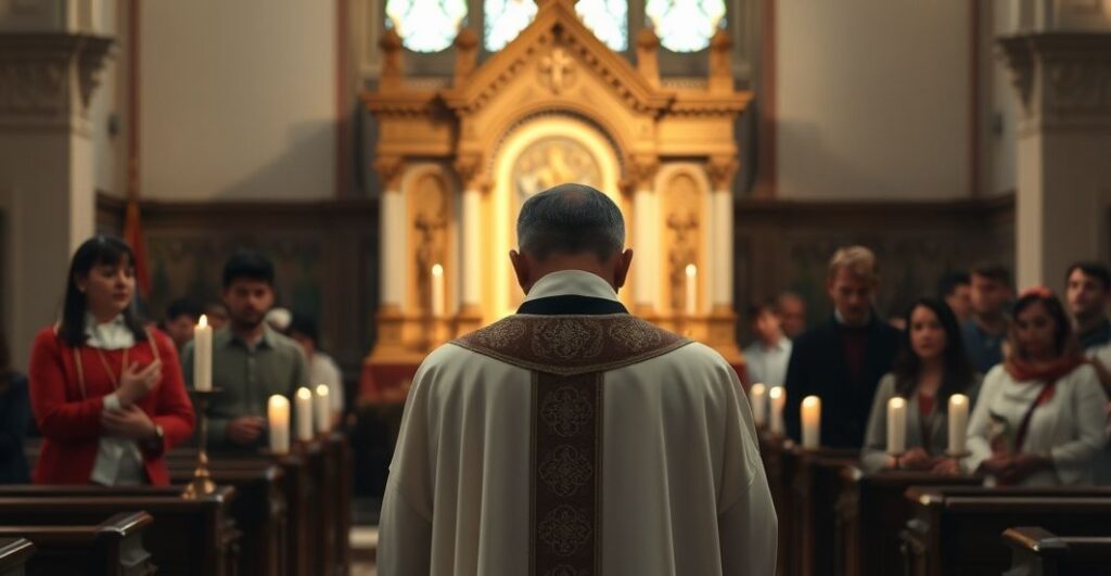 Kapłan tradycyjny w koście przed zamkniętym tabernakulum, modlący się w atmosferze powagi i pokuty.