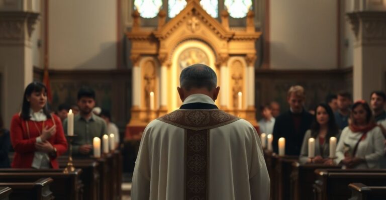 Kapłan tradycyjny w koście przed zamkniętym tabernakulum, modlący się w atmosferze powagi i pokuty.