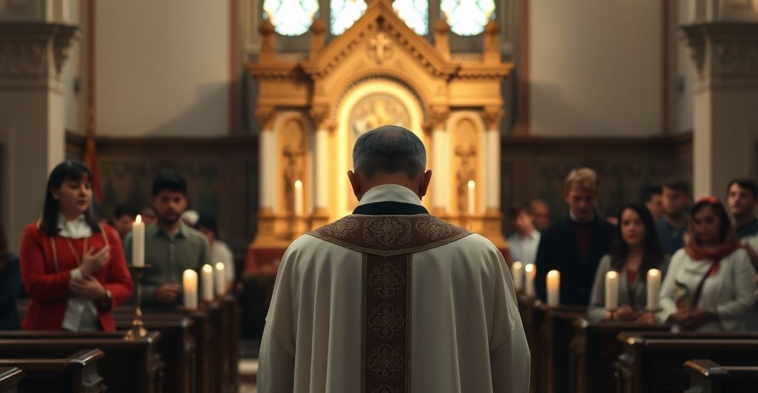 Kapłan tradycyjny w koście przed zamkniętym tabernakulum, modlący się w atmosferze powagi i pokuty.