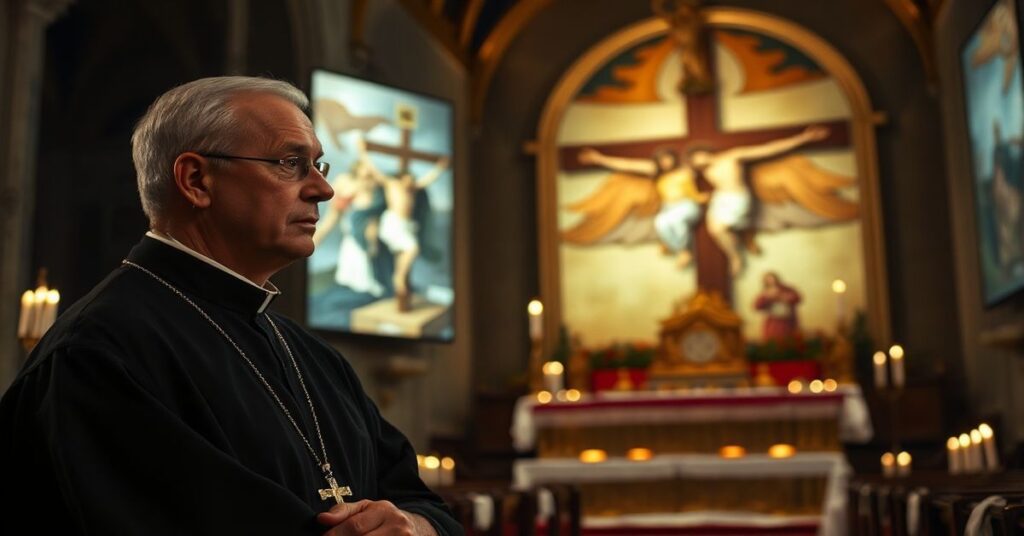 Tradycyjny katolicki kapłan w kaszule stoi w bazylice Grobu Pańskiego w Przeworsku przed współczesnym zniekształconym przedstawieniem Ukrzyżowania.