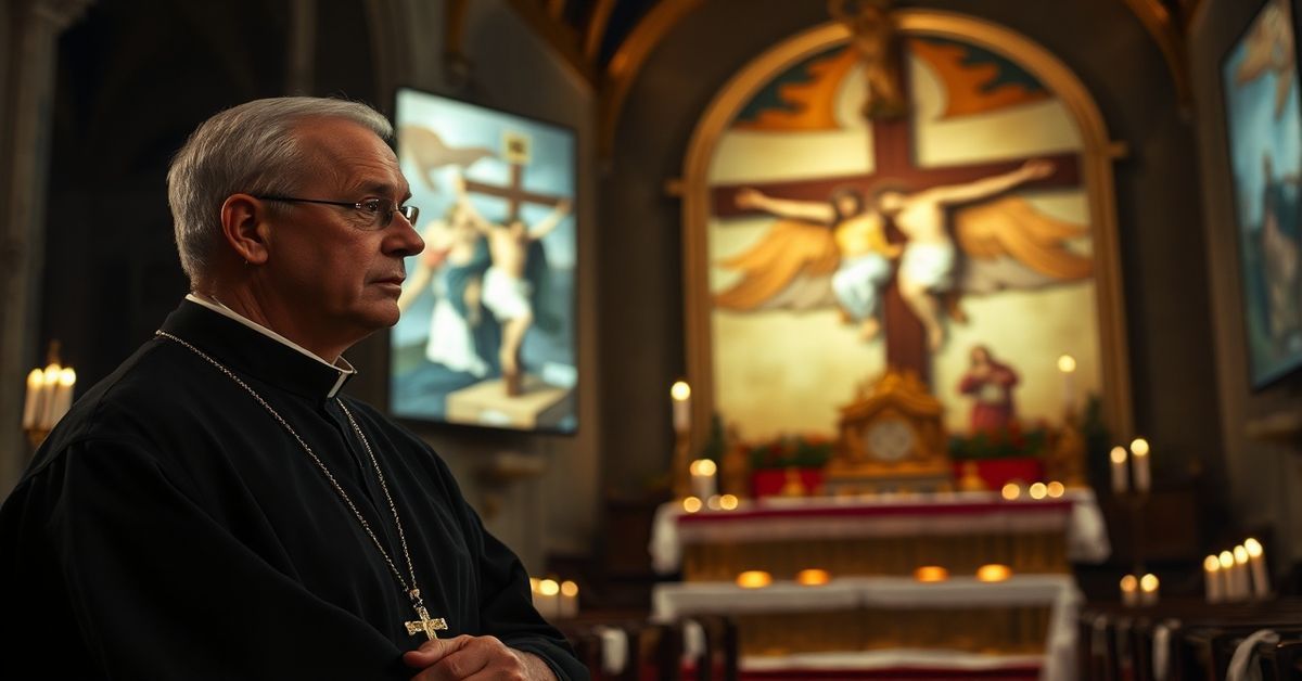 Kapłan katolicki przed zniekształconym przedstawieniem Ukrzyżowania w Przeworsku Tradycyjny katolicki kapłan w kaszule stoi w bazylice Grobu Pańskiego w Przeworsku przed współczesnym zniekształconym przedstawieniem Ukrzyżowania.