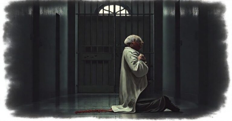Kapłan w tradycyjnym stroju liturgicznym modli się przed drzwiami więzienia, trzymając ciborium. Scena symbolizuje odmowę udzielenia sakramentów uwięzionym imigrantom.