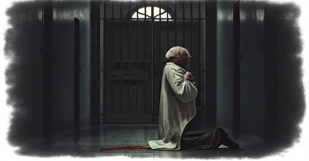 Kapłan w tradycyjnym stroju liturgicznym modli się przed drzwiami więzienia, trzymając ciborium. Scena symbolizuje odmowę udzielenia sakramentów uwięzionym imigrantom.