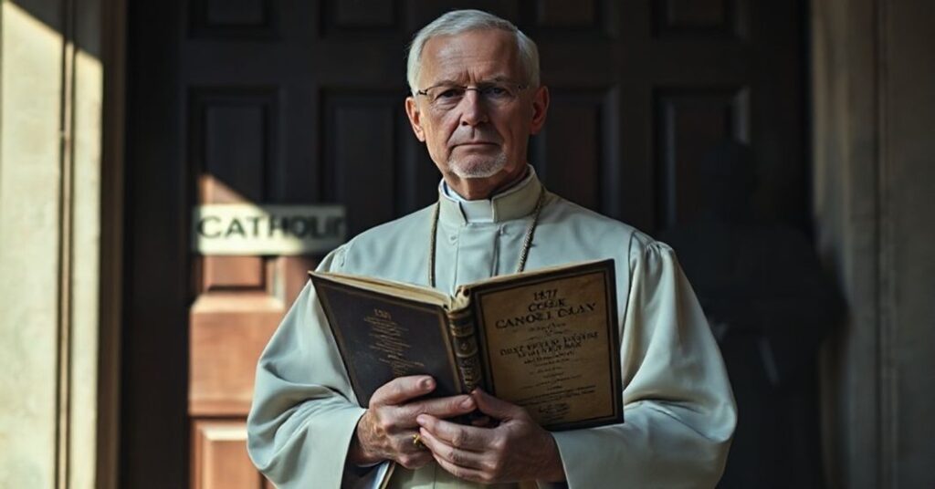 Tradycyjny kapłan katolicki w ornacie stojący przed zamożną świątynią z wyblakłym napisem "Katolicka", trzymając 1917 Kodeks Prawa Kanonicznego.