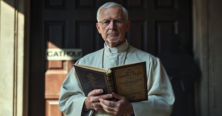 Tradycyjny kapłan katolicki w ornacie stojący przed zamożną świątynią z wyblakłym napisem "Katolicka", trzymając 1917 Kodeks Prawa Kanonicznego.