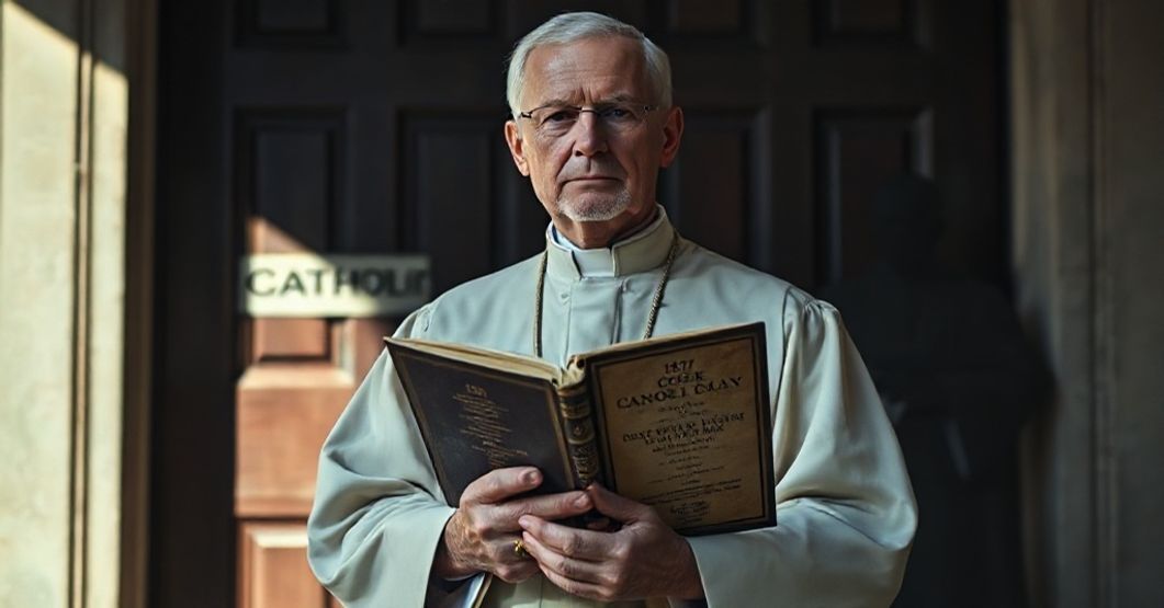 Tradycyjny kapłan katolicki w ornacie stojący przed zamożną świątynią z wyblakłym napisem "Katolicka", trzymając 1917 Kodeks Prawa Kanonicznego.