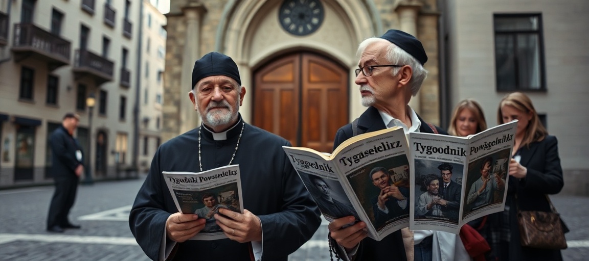 Staruszek kapłan w tradycyjnym ornaty stoi przed zamkniętymi drzwiami kościoła, symbolizując brak dostępu do ważnych sakramentów. Tło przedstawia grupę ludzi czytających Tygodnik Powszechny z pracami Bartosza Minkiewicza
