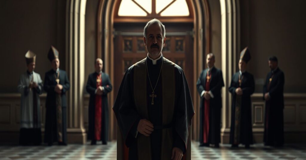 Tradycyjny kapłan katolicki w pełnej liturgicznej szacie stojący przed zamkniętymi drzwiami pustego kościoła, symbolizujący odrzucenie herezji modernistycznej.