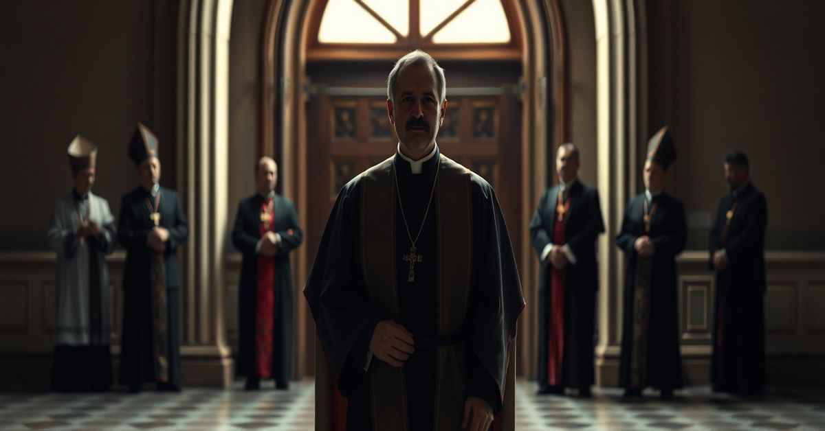 Tradycyjny kapłan katolicki w pełnej liturgicznej szacie stojący przed zamkniętymi drzwiami pustego kościoła, symbolizujący odrzucenie herezji modernistycznej.