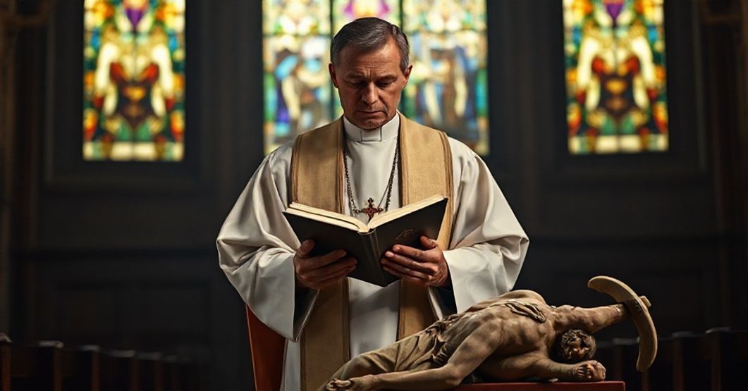 Sobór katolicki z kapłanem w tradycyjnych szatach liturgicznych, który patrzy na zniszczoną statuę Chrystusa, symbolizując duchowe upadki nowoczesnej poezji.