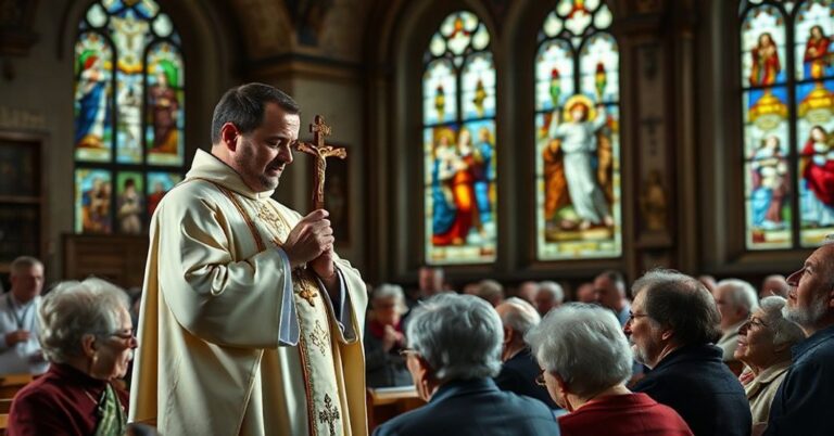Poważny obraz tradycjonalistycznego kapłana w pełnym stroju liturgicznym przemawiającym do grupy starszych i chorych parafian w historycznym kościele w Poznaniu.