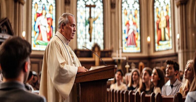 Kapłan w tradycyjnych szatach kościołowych przemawia do młodych w koście, podkreślając ważność tradycyjnych nauk katolickich